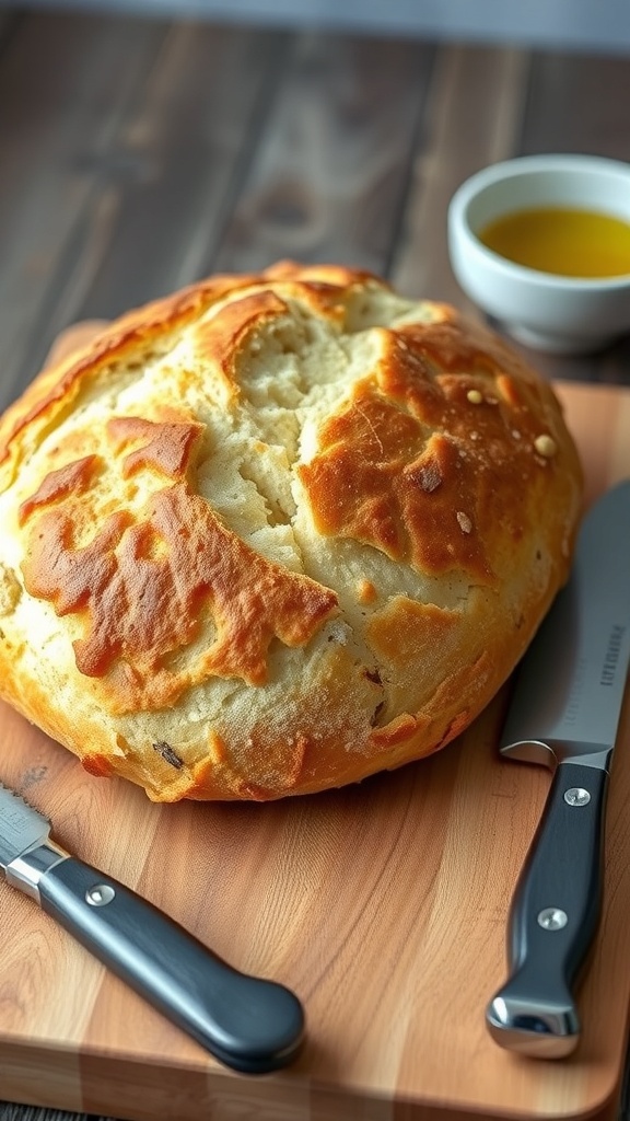 Golden crusty Dutch oven bread on a wooden board with a knife and olive oil.